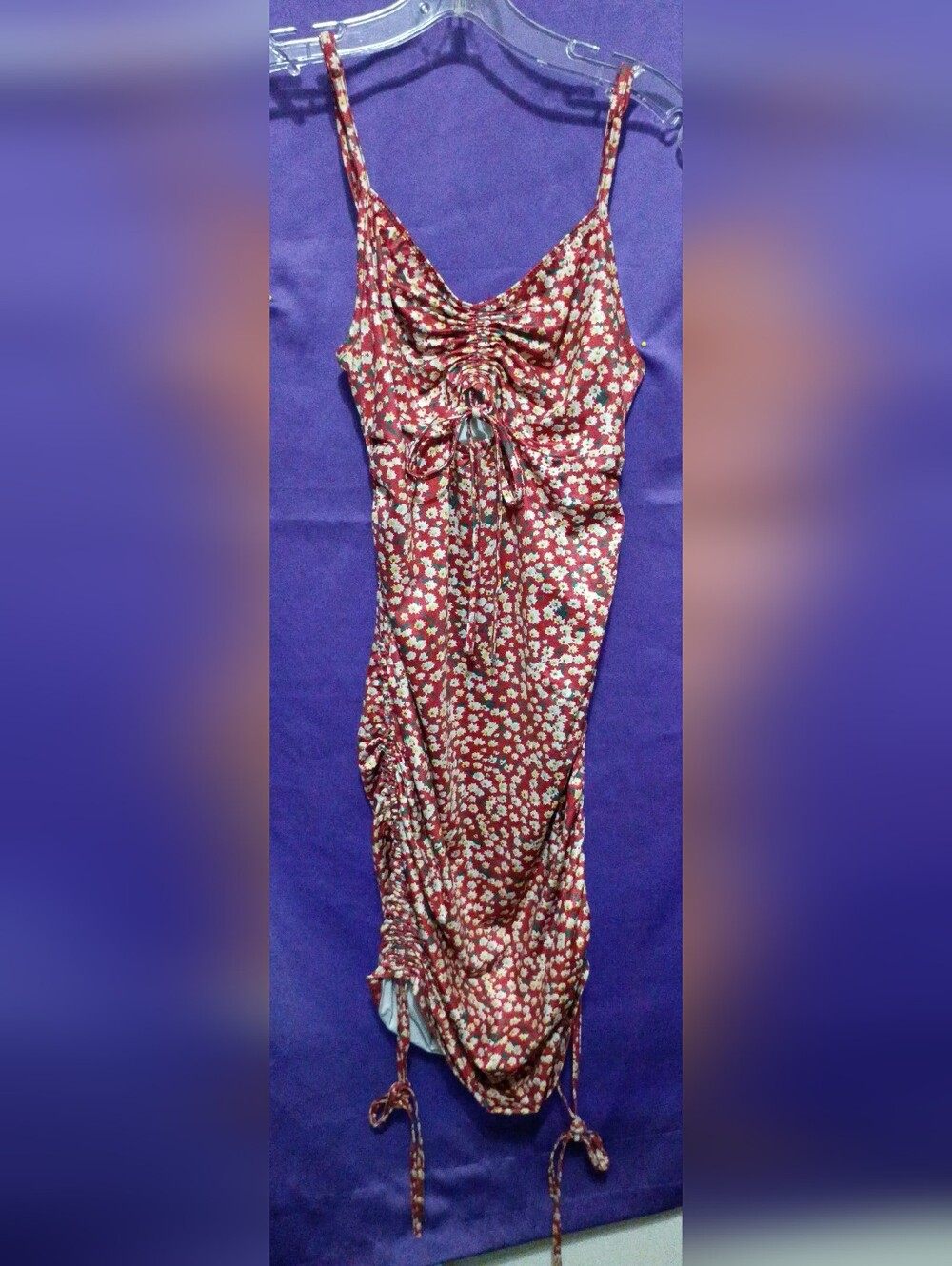 Ruched Floral Spaghetti-Strap Midi Dress in Deep Red